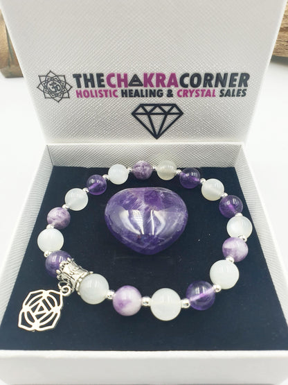 Life Changes Support Crystal Healing Bracelet with Chakra Charm (Amethyst, Moonstone and Lepidolite)