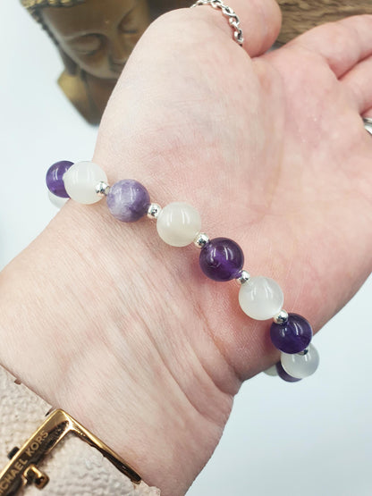 Life Changes Support Crystal Healing Bracelet with Chakra Charm (Amethyst, Moonstone and Lepidolite)