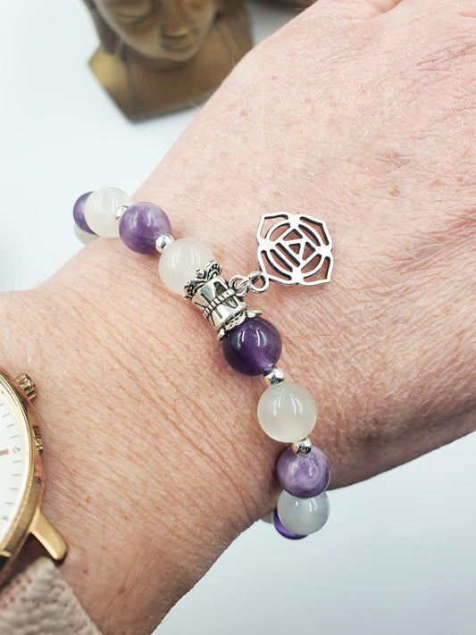 Life Changes Support Crystal Healing Bracelet with Chakra Charm (Amethyst, Moonstone and Lepidolite)