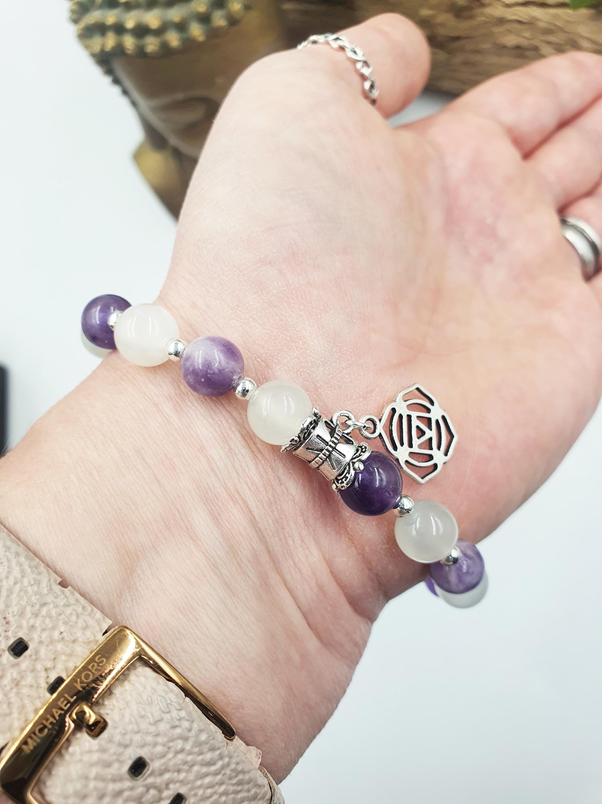 Life Changes Support Crystal Healing Bracelet with Chakra Charm (Amethyst, Moonstone and Lepidolite)