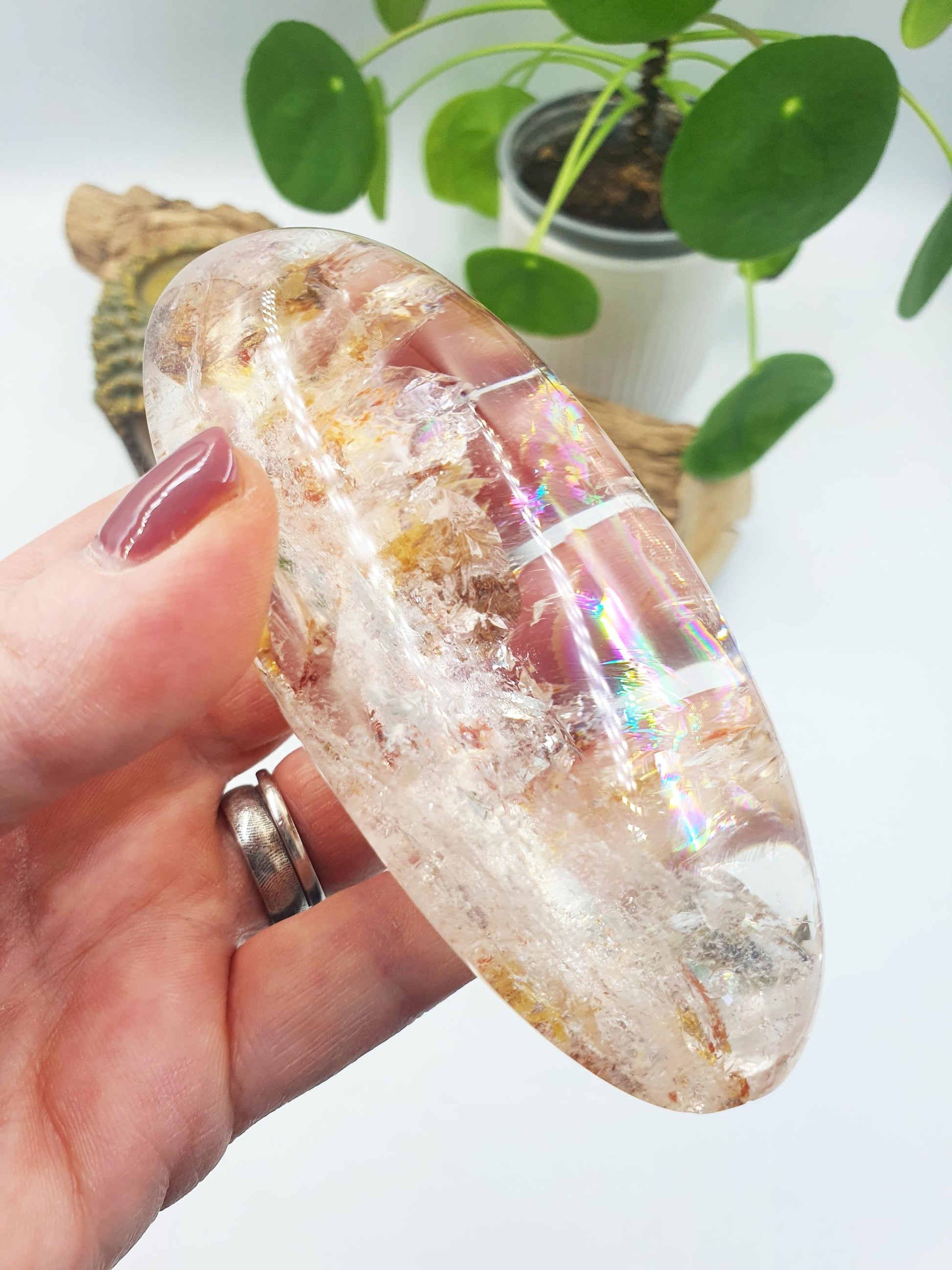 AMAZING A Grade Large Garden Quartz Palm with incredible rainbow/Lodolite Palm Stone