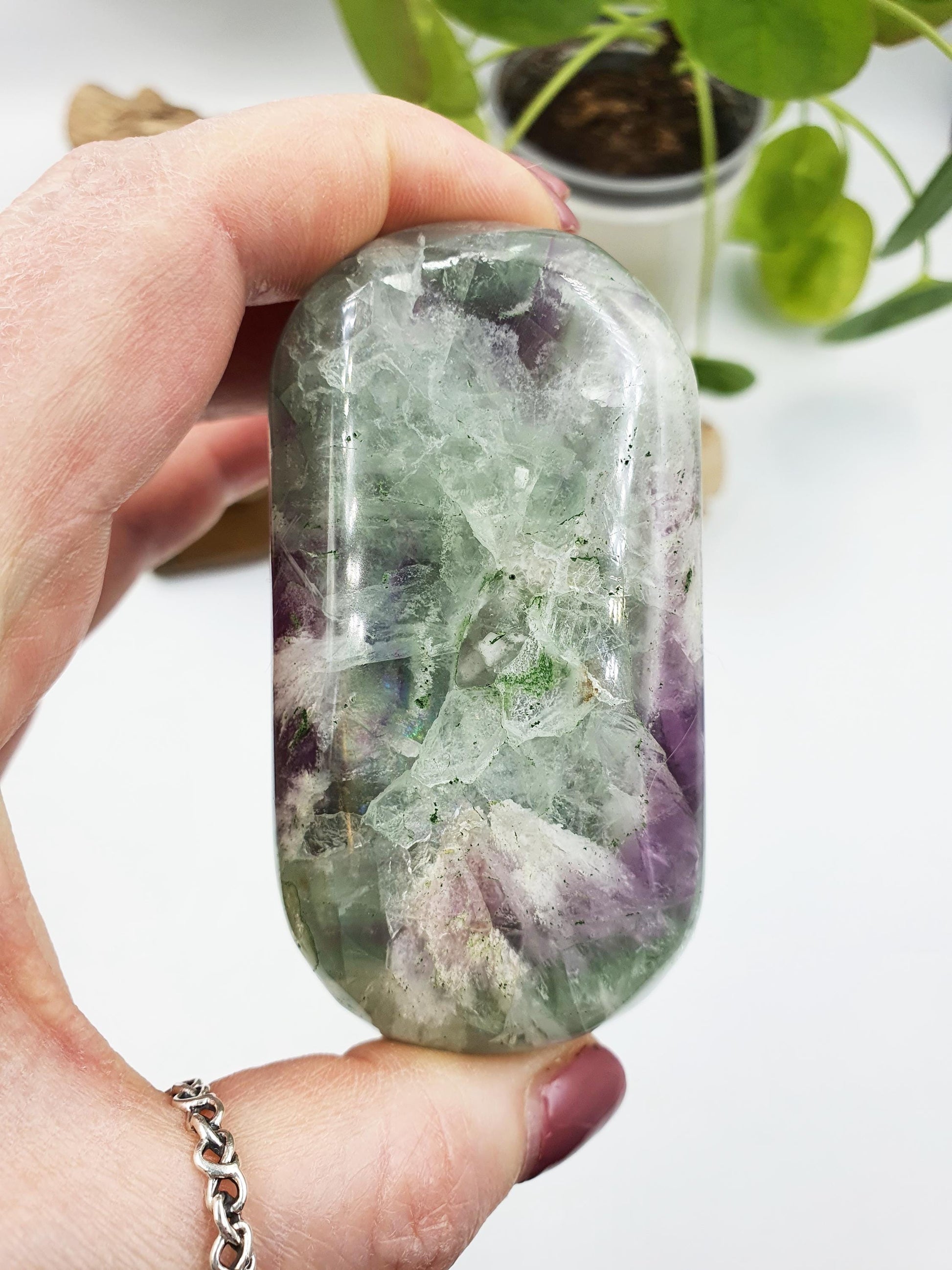 Large Feather Fluorite Palm with rainbows / Feather Fluorite Palm Stone / Fluorite Palmstone / Meditation Palm - 200g
