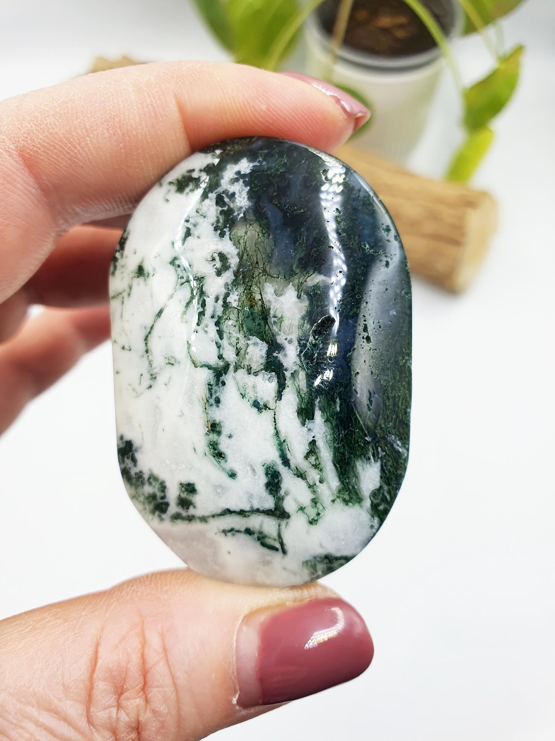 Druzy Moss Agate Palm / Moss Agate Palm Stone / Meditation Palm / Reiki Crystal Palm - 75g