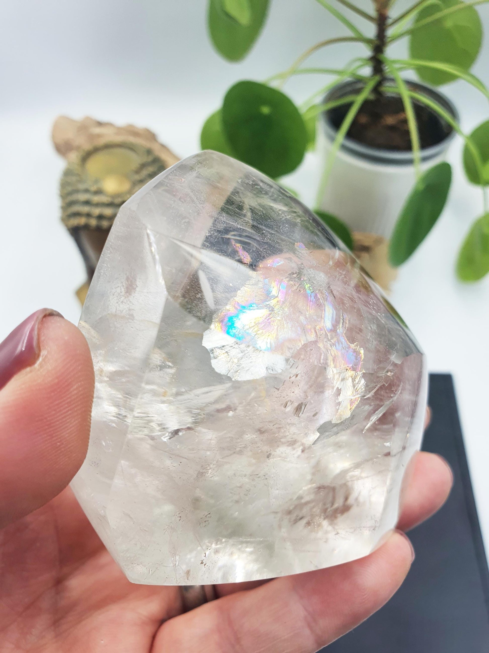 High Grade Clear Quartz Freeform with large rainbow, shimmering inclusions and dustings of golden healer / Clear Quartz Chunk - 420g