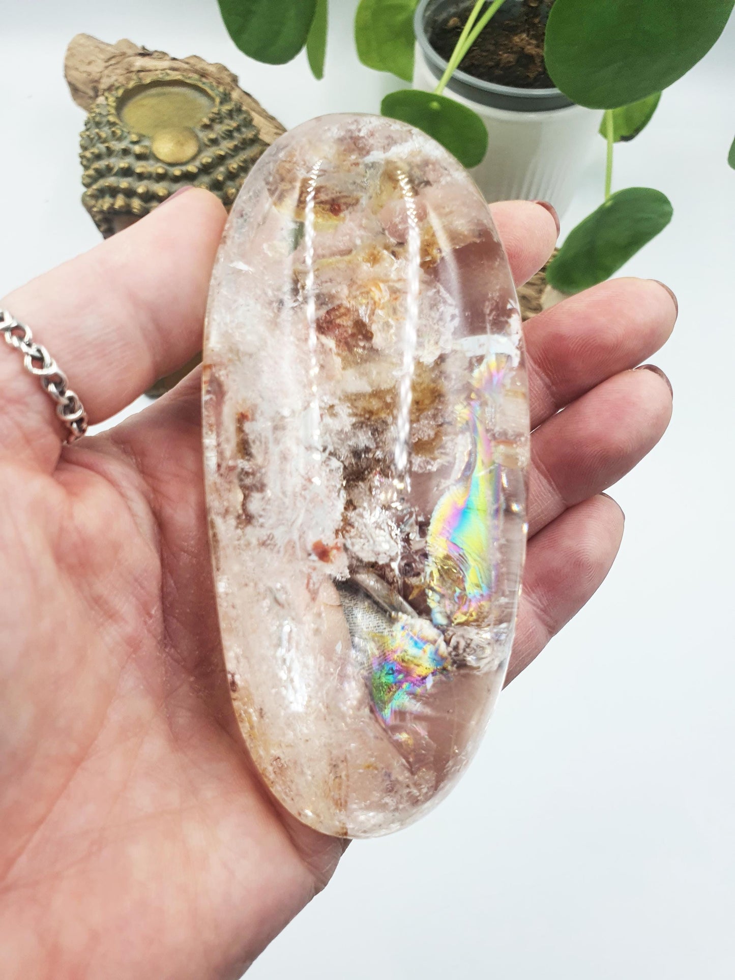 AMAZING A Grade Large Garden Quartz Palm with incredible rainbow/Lodolite Palm Stone