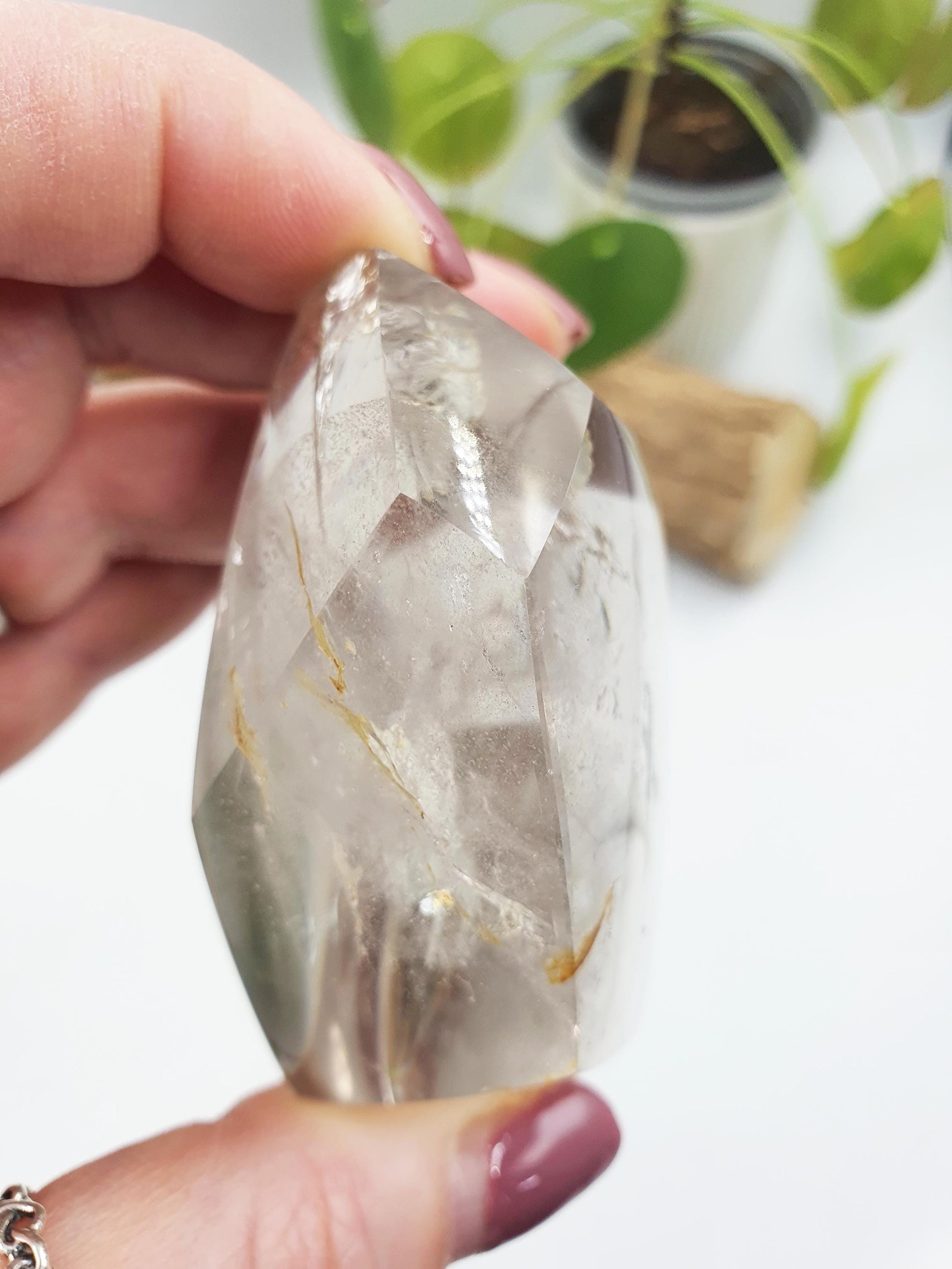 Clear Quartz Freeform with large rainbow, shimmering inclusions and golden healer
