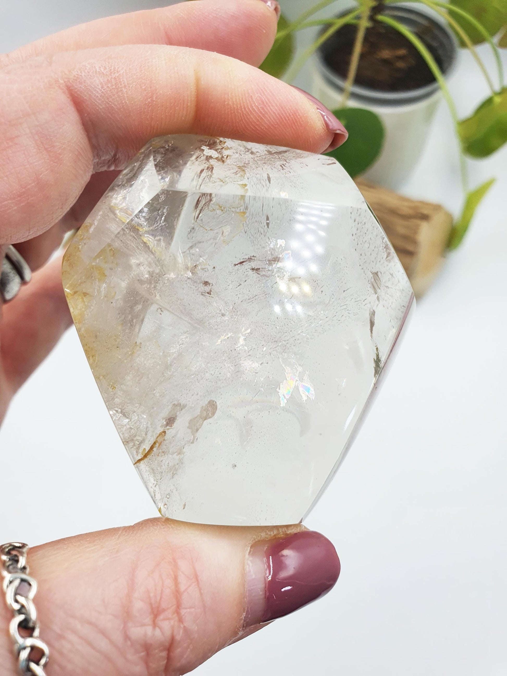 Clear Quartz Freeform with large rainbow, shimmering inclusions and golden healer