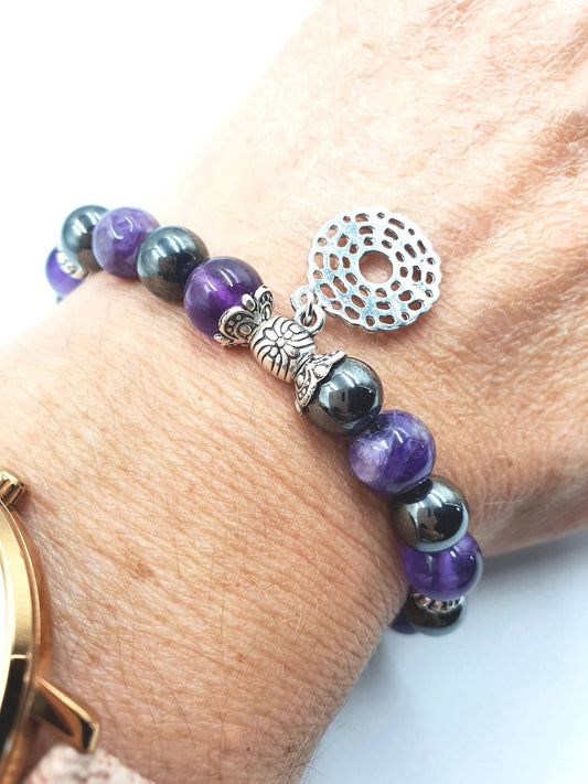 Insomnia Support Crystal Healing Bracelet with Chakra Charm (Amethyst, Hematite and Charoite)