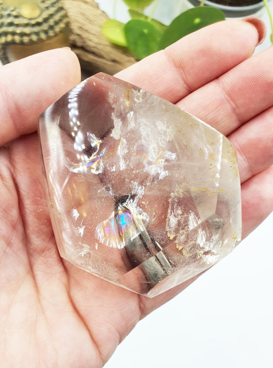 Clear Quartz Freeform with large rainbow, shimmering inclusions and golden healer
