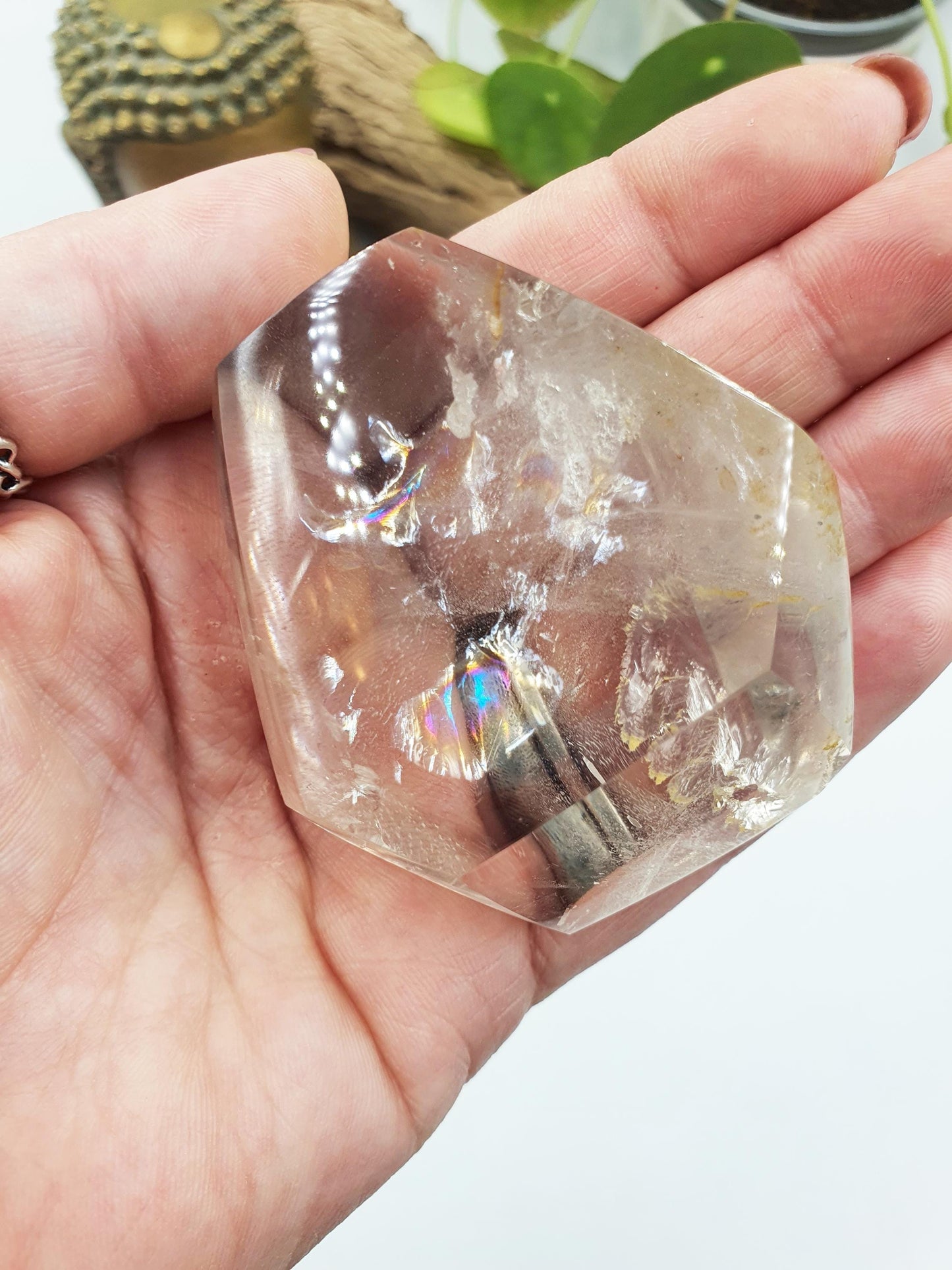 Clear Quartz Freeform with large rainbow, shimmering inclusions and golden healer