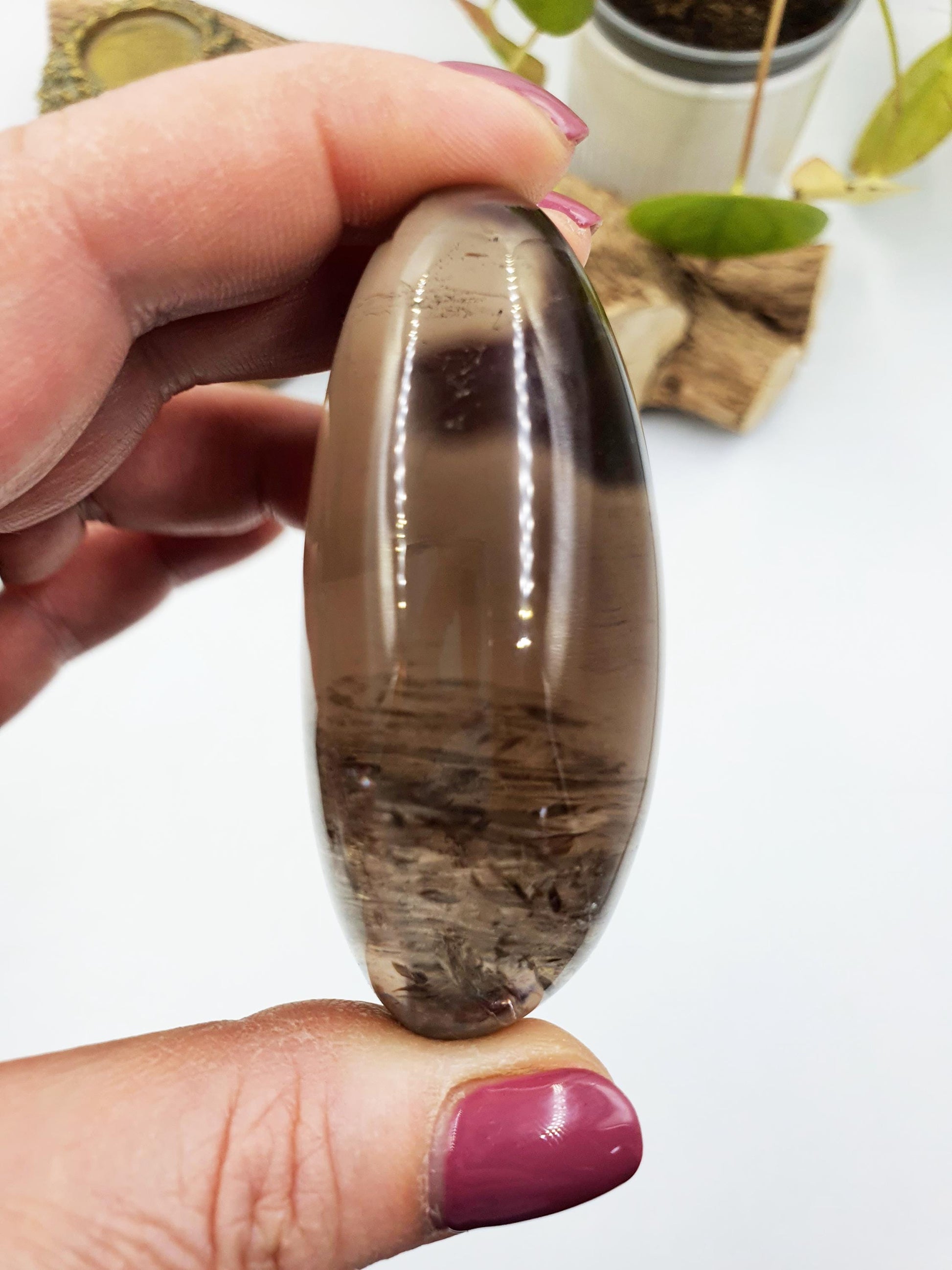 Gorgeous Smoky Quartz Palm with shimmering inclusions and rainbows / High Grade Smoky Quartz Palm / Meditation / Reiki Crystal Palm - 150g