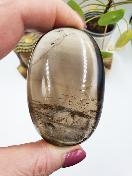 Gorgeous Smoky Quartz Palm with shimmering inclusions and rainbows / High Grade Smoky Quartz Palm / Meditation / Reiki Crystal Palm - 150g