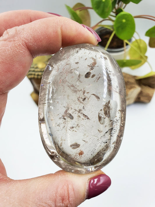 Clear Quartz Palm with shimmering inclusions and rainbow flashes/ Clear Quartz Palm Stone / Reiki Crystal Palm / Meditation Palm - 130g