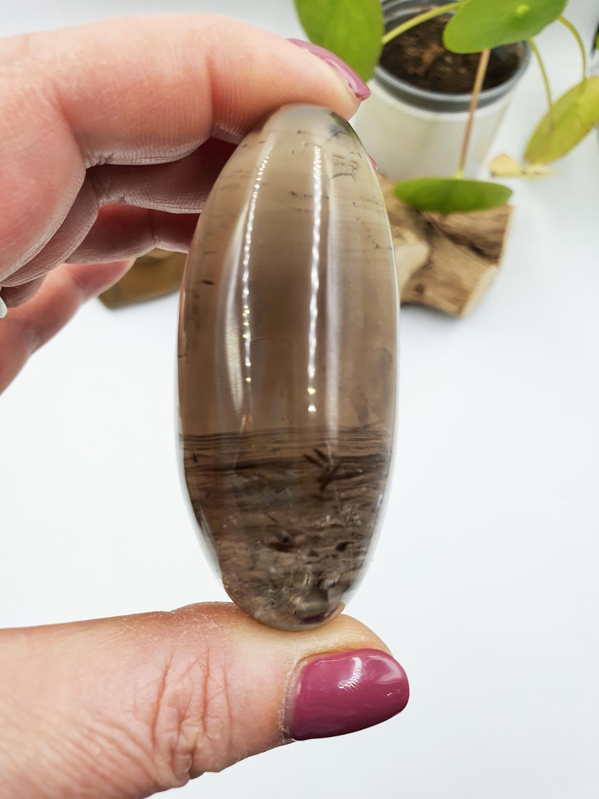 Gorgeous Smoky Quartz Palm with shimmering inclusions and rainbows / High Grade Smoky Quartz Palm / Meditation / Reiki Crystal Palm - 150g