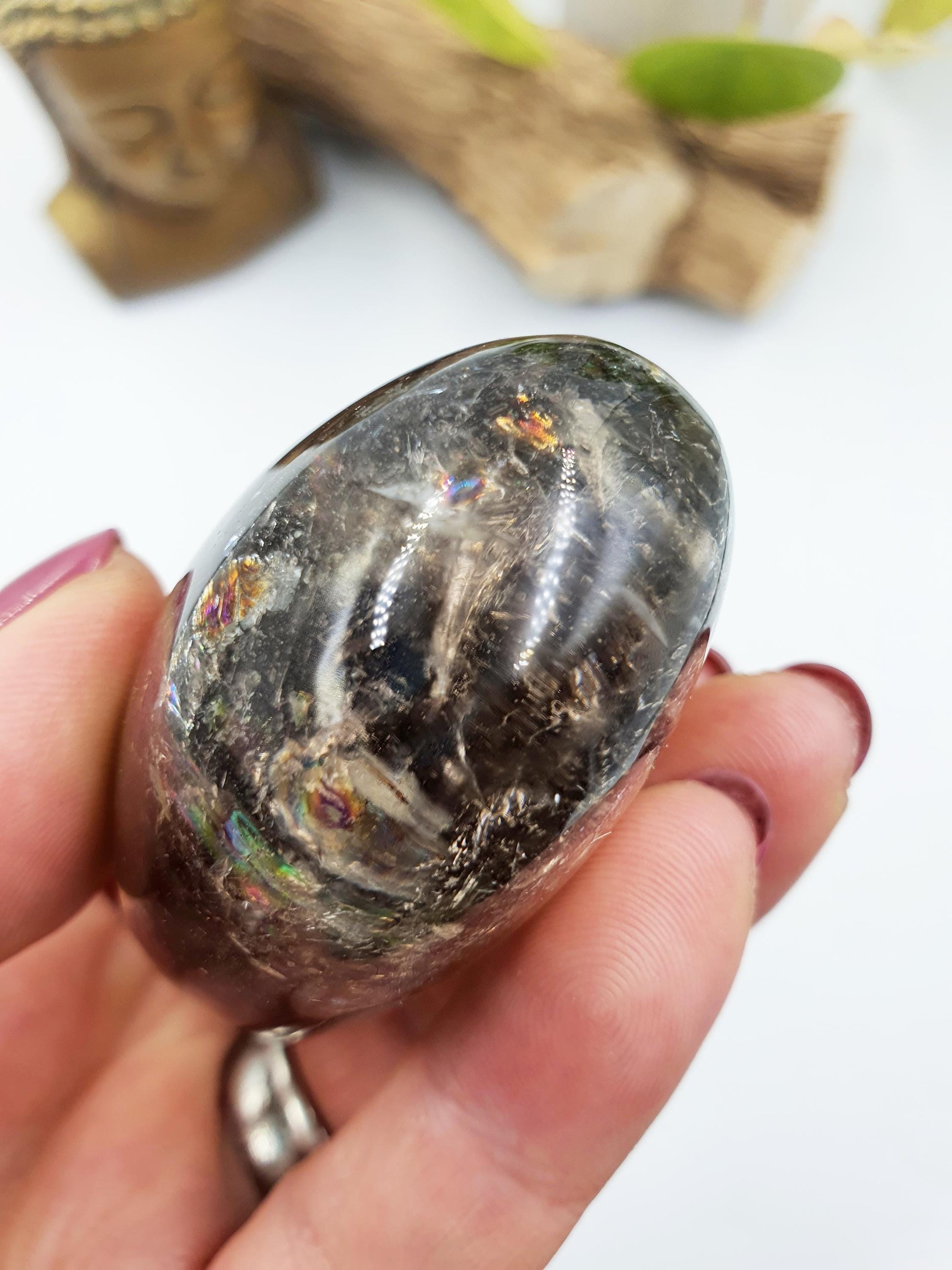 Gorgeous Smoky Quartz Palm with shimmering inclusions and rainbows / High Grade Smoky Quartz Palm / Meditation / Reiki Crystal Palm - 150g