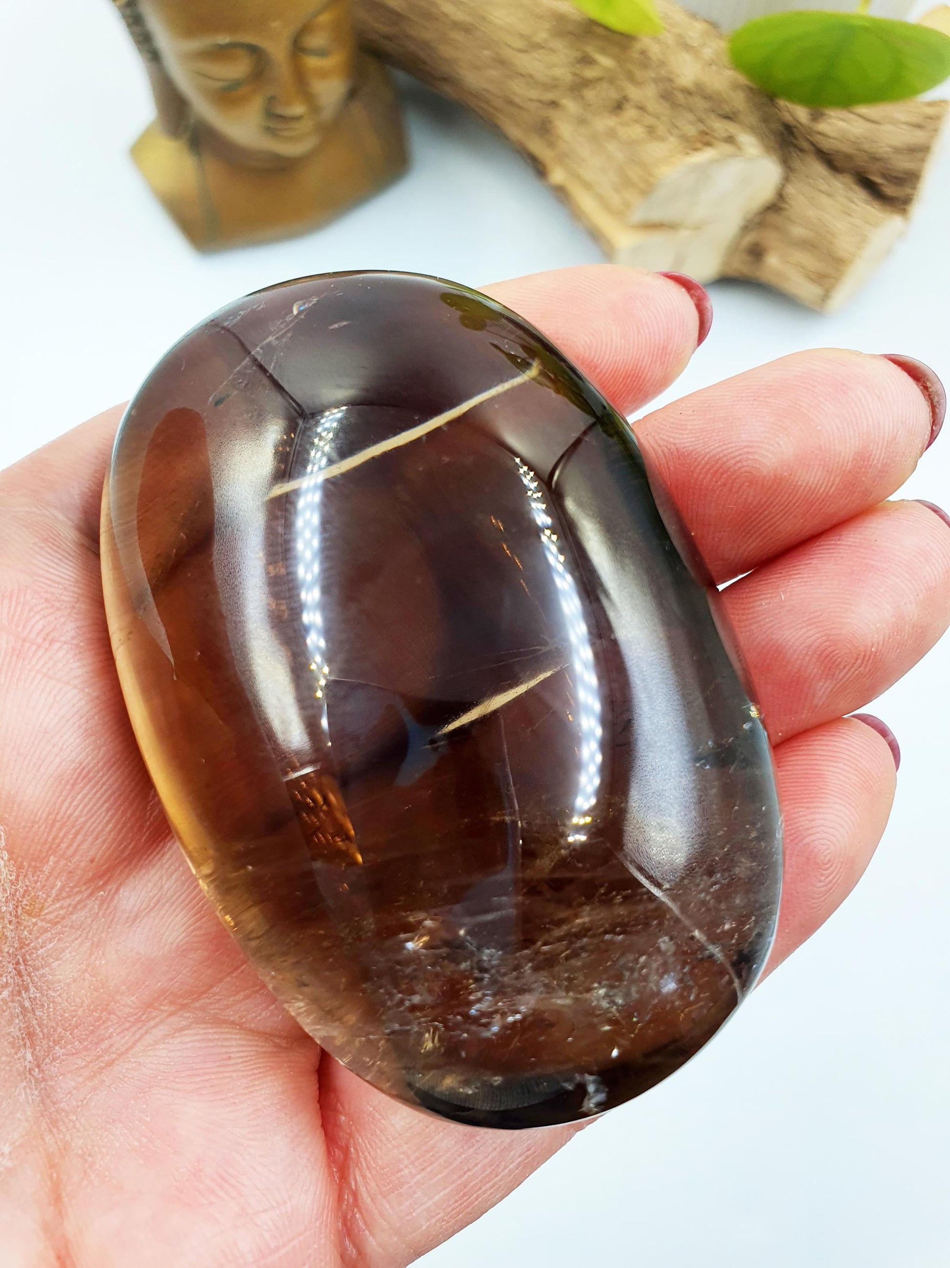 Gorgeous Smoky Quartz Palm with shimmering inclusions and rainbows / High Grade Smoky Quartz Palm / Meditation / Reiki Crystal Palm - 150g