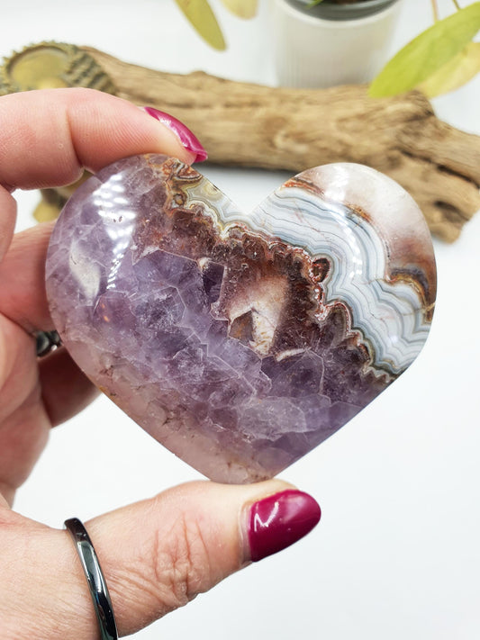Large Beautiful Amethyst Agate Puff Heart / Amethyst Agate Crystal Heart / Crystal Heart Carving - 155g