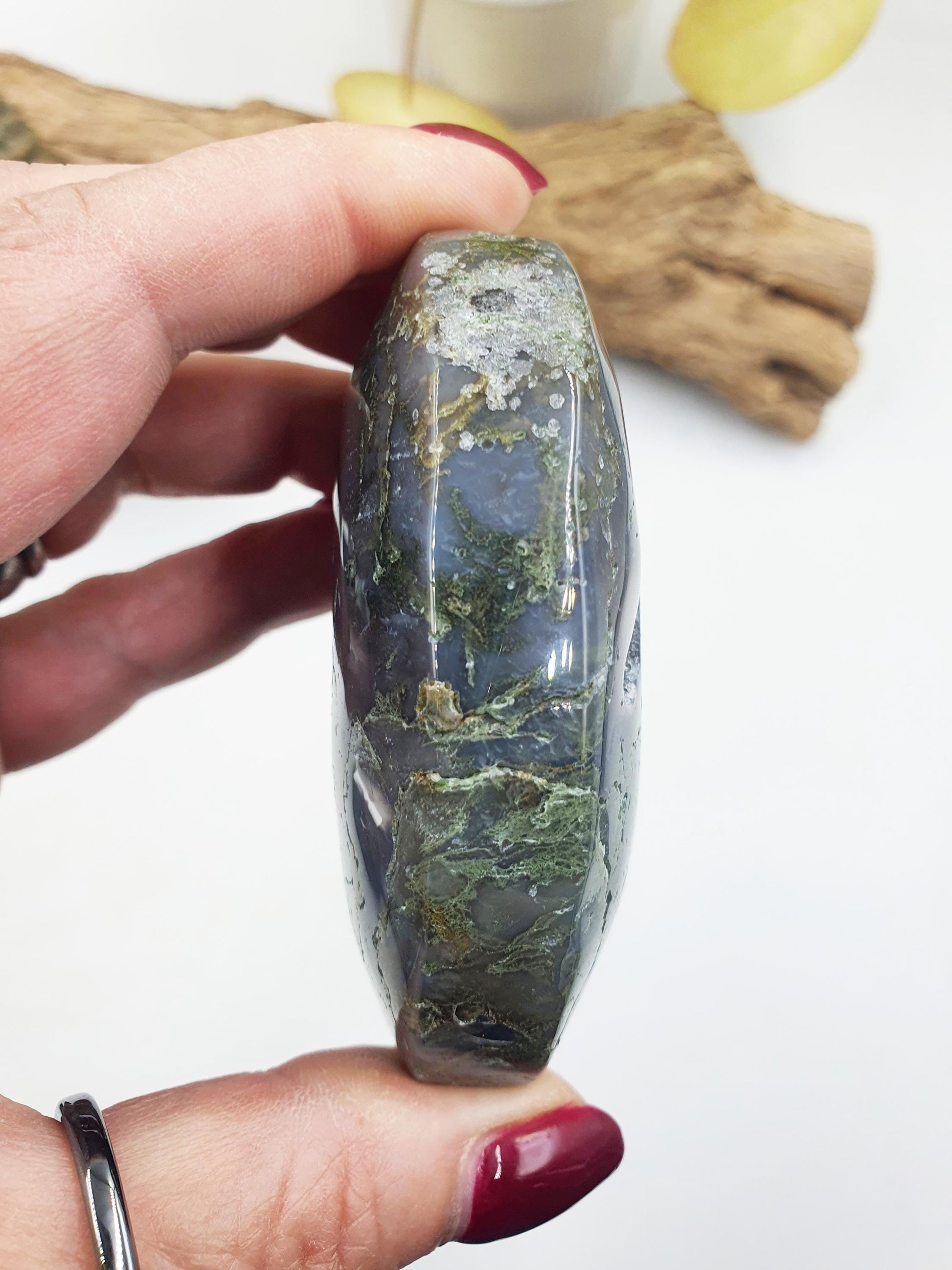 Large Drusy Moss Agate Palm / Moss Agate Palm Stone / Meditation Palm / Reiki Crystal Palm - 180g