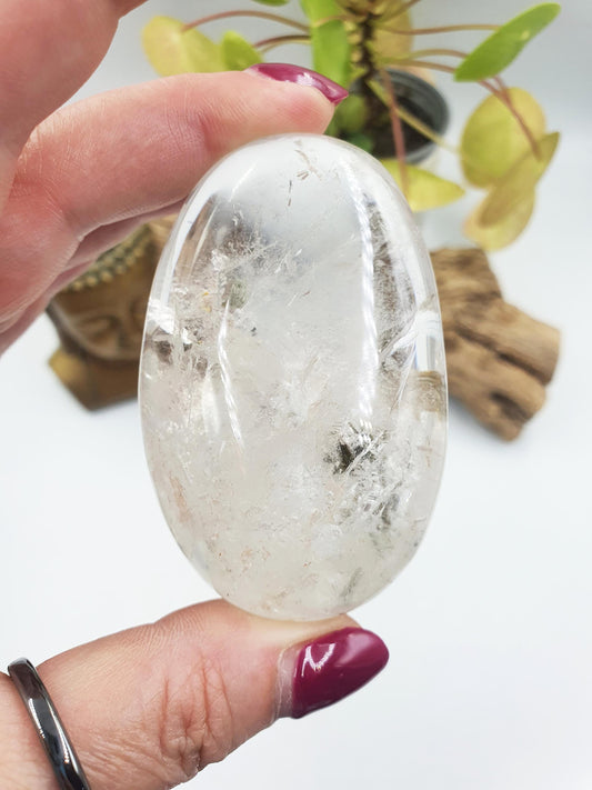 Unique Clear Quartz Palm with Green Mica inclusion/ Clear Quartz Palm Stone / Reiki Crystal Palm / Meditation Palm - 165g