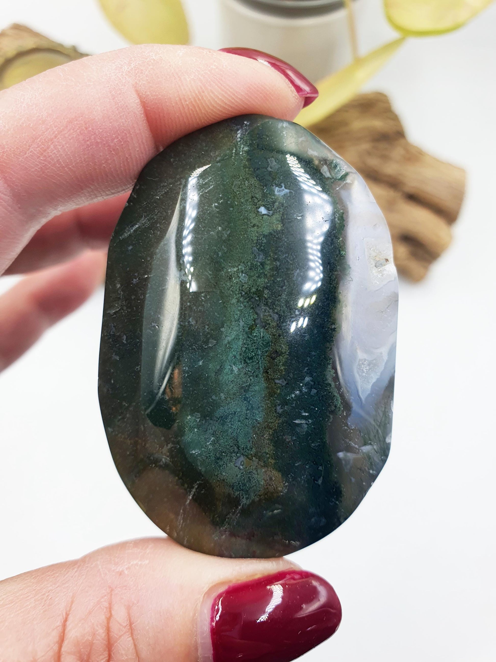 Moss Agate Palm / Drusy Moss Agate Palm Stone / Meditation Palm / Reiki Crystal Palm - 90g