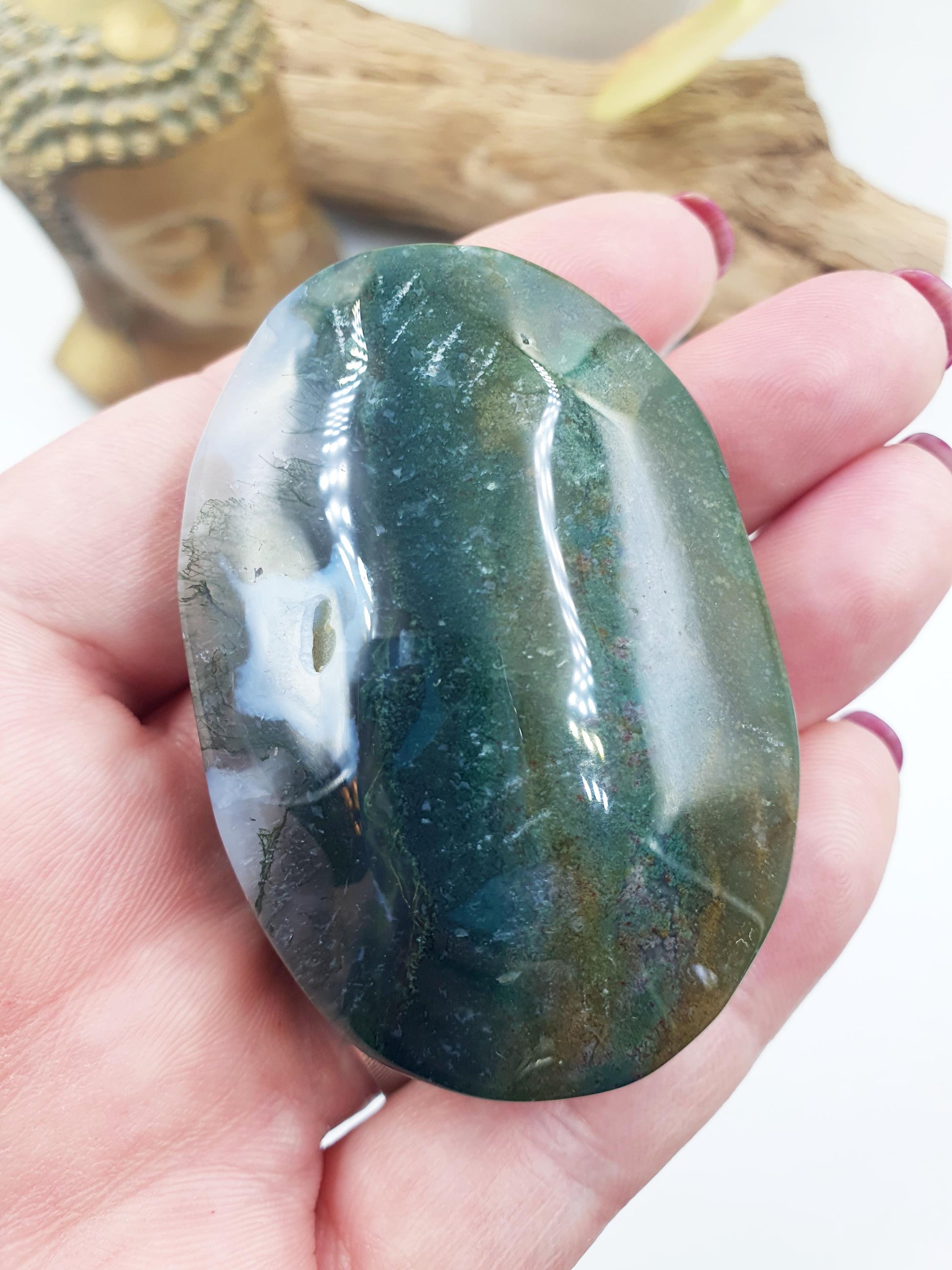 Moss Agate Palm / Drusy Moss Agate Palm Stone / Meditation Palm / Reiki Crystal Palm - 90g