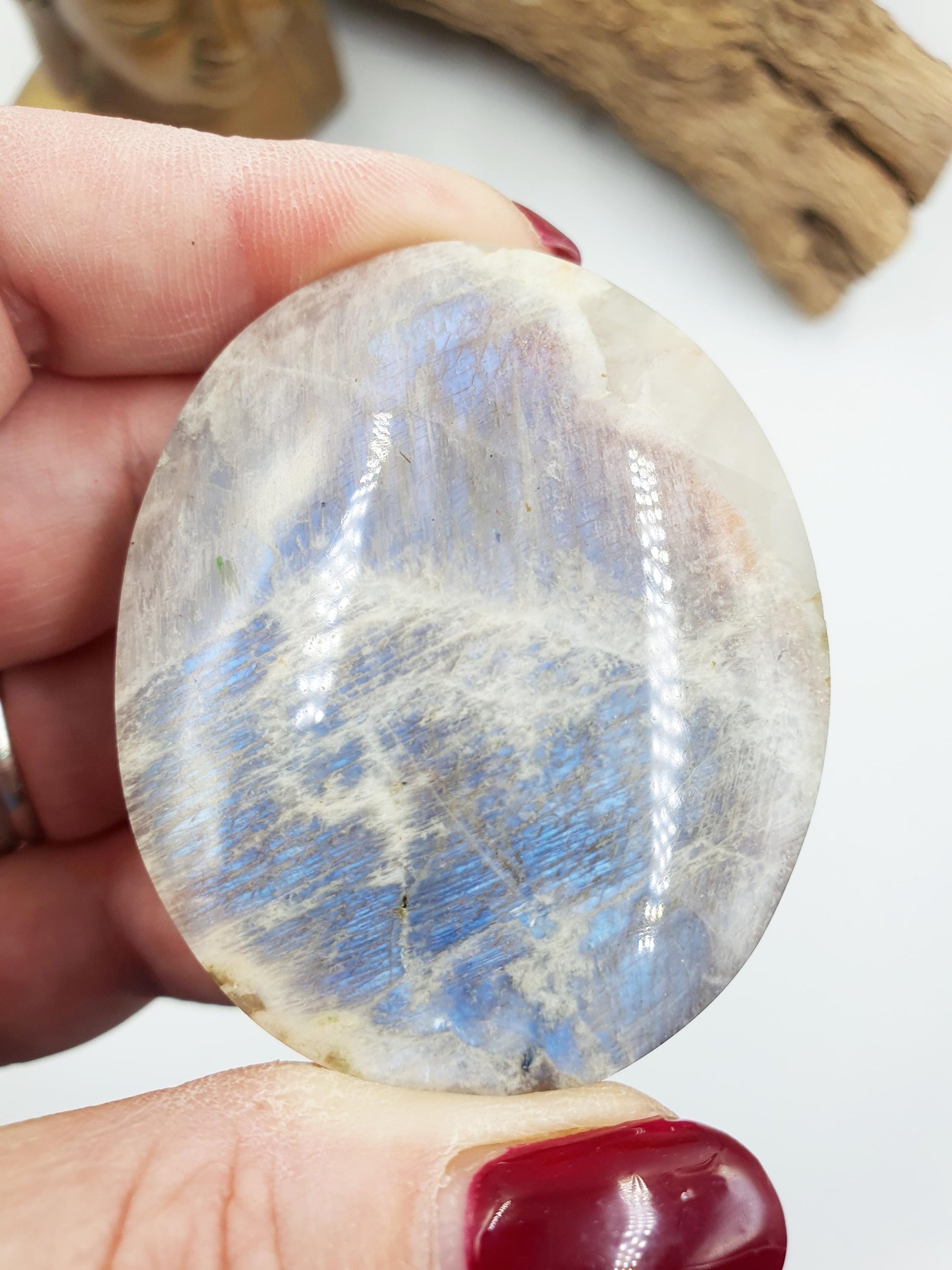 Stunning Flashy Blue Moonstone Palm with Sunstone confetti sparkles / Moonstone Palm Stone / Reiki Crystal / Meditation Palm - 65g