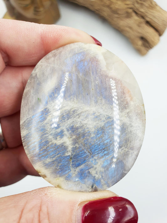 Stunning Flashy Blue Moonstone Palm with Sunstone confetti sparkles / Moonstone Palm Stone / Reiki Crystal / Meditation Palm - 65g