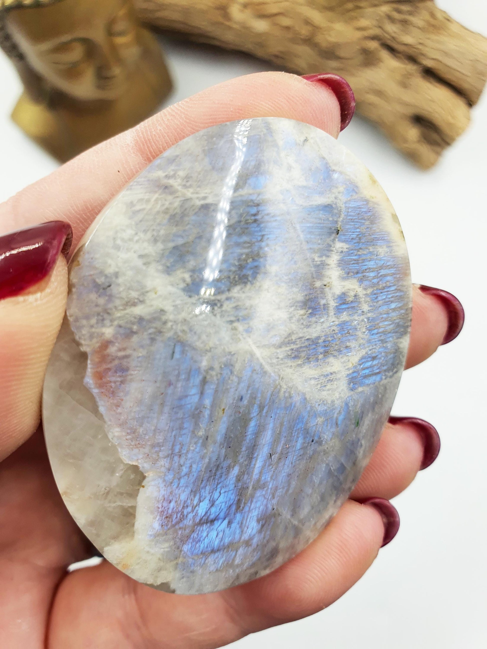 Stunning Flashy Blue Moonstone Palm with Sunstone confetti sparkles / Moonstone Palm Stone / Reiki Crystal / Meditation Palm - 65g