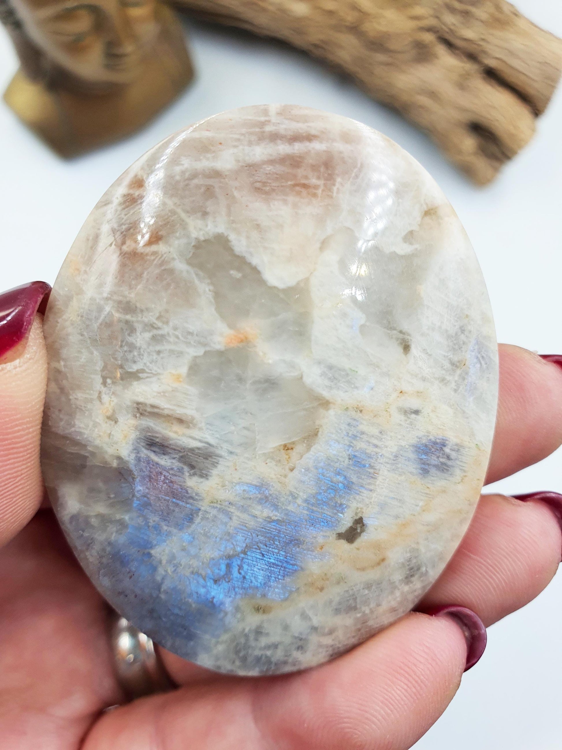 Stunning Flashy Blue Moonstone Palm with Sunstone confetti sparkles / Moonstone Palm Stone / Reiki Crystal / Meditation Palm - 65g