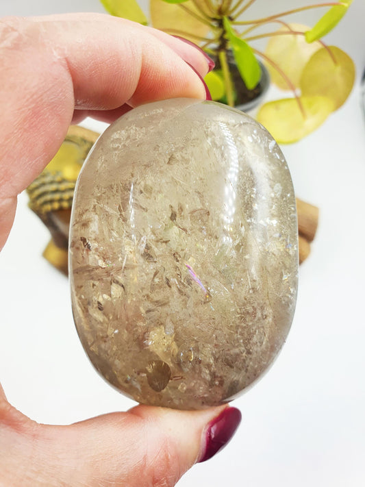 Stunning Sparkly Smoky Quartz Palm full of rainbows / Large Unique Smoky Quartz Palm Stone / Meditation Palm / Reiki Crystal Palm - 235g