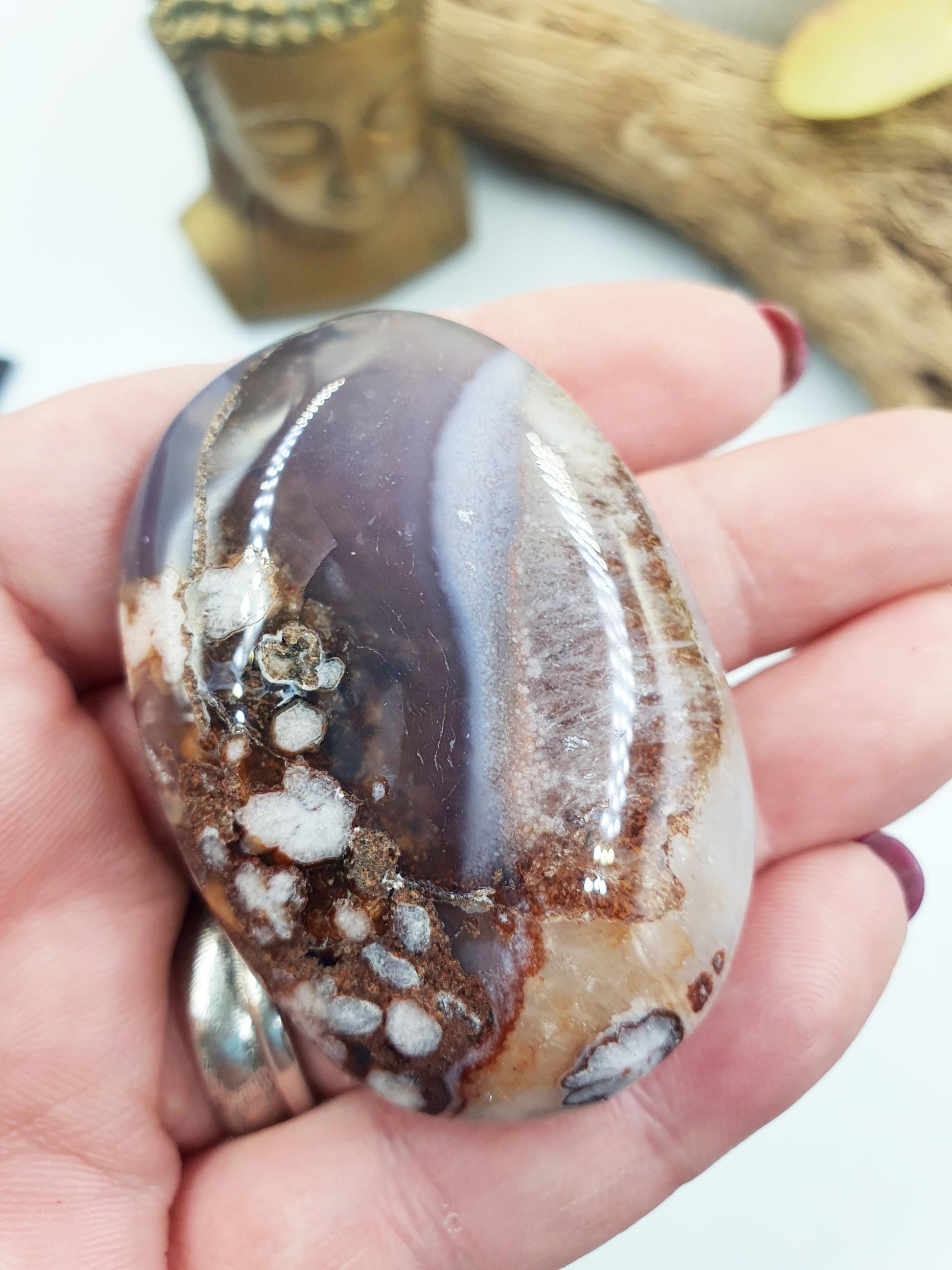 Beautiful Blue Flower Agate Palm / Unique Sakura Agate Palm Stone / Blue Flower Agate Crystal / Meditation Palm - 55g