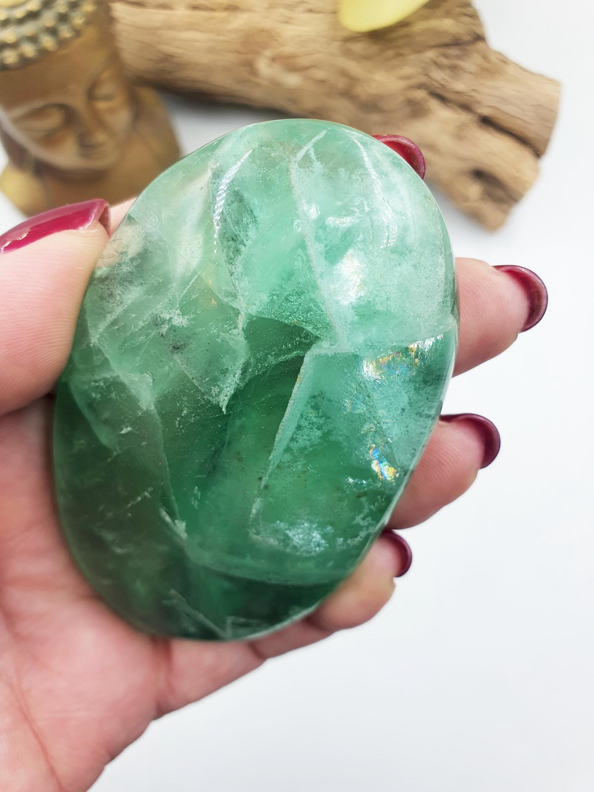 Large Beautiful Green Fluorite Palm with huge rainbows / Fluorite Palm / Fluorite Palmstone / Meditation Palm - 180g