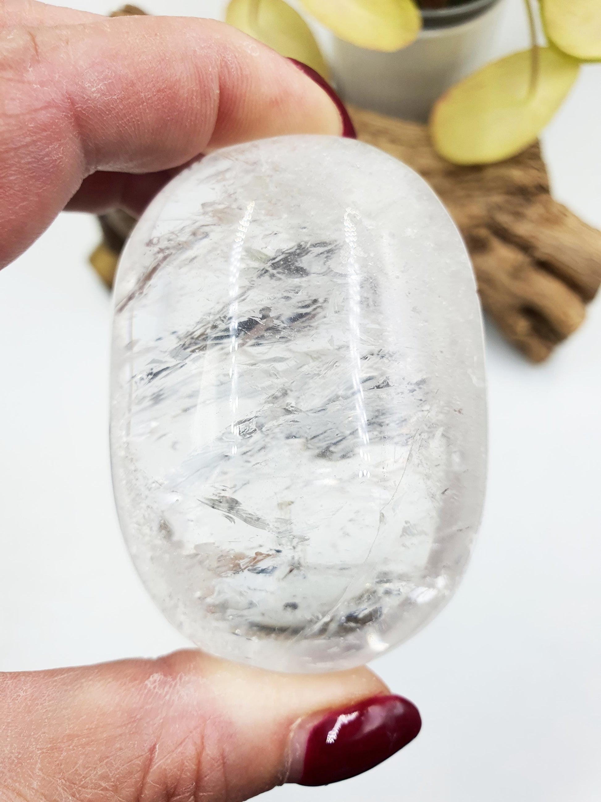Clear Quartz Palm with shimmering inclusions and rainbow flashes/ Clear Quartz Palm Stone / Reiki Crystal Palm / Meditation Palm - 190g
