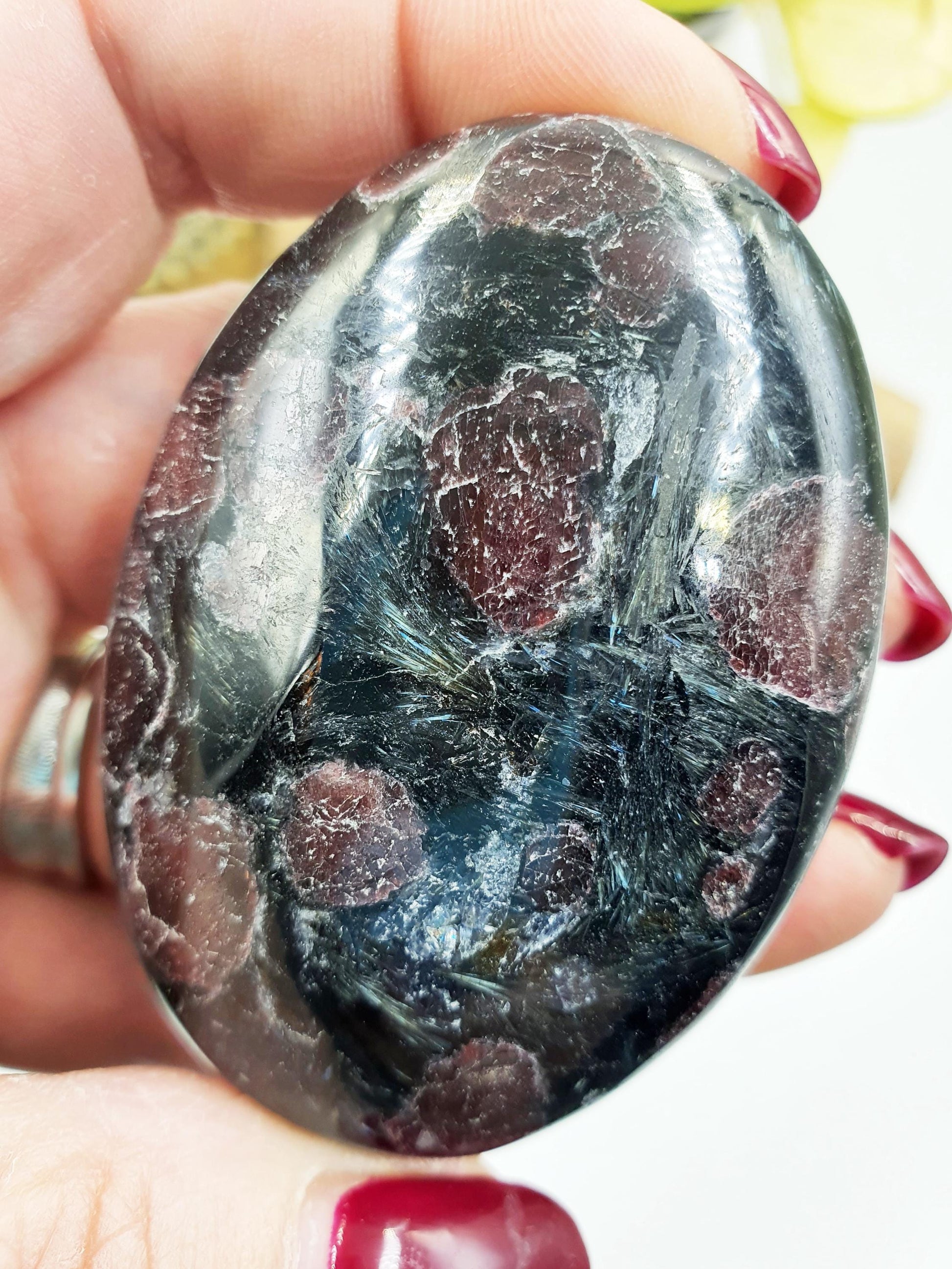 Astrophyllite and Garnet Palm / Firework Garnet Palm Stone / Meditation Palm / Reiki Crystal Palm - 130g
