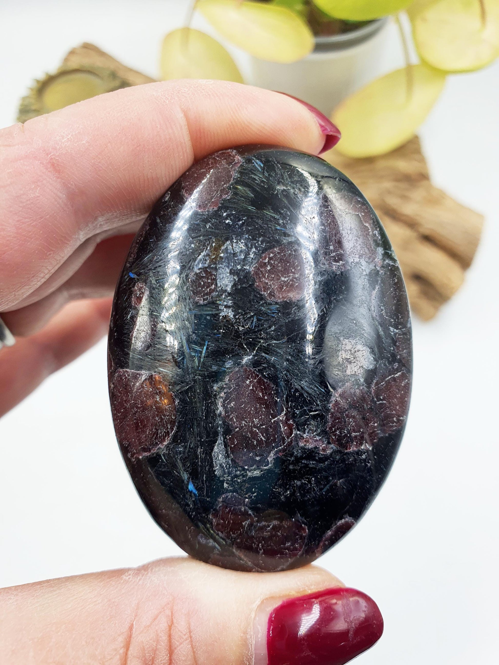 Astrophyllite and Garnet Palm / Firework Garnet Palm Stone / Meditation Palm / Reiki Crystal Palm - 130g