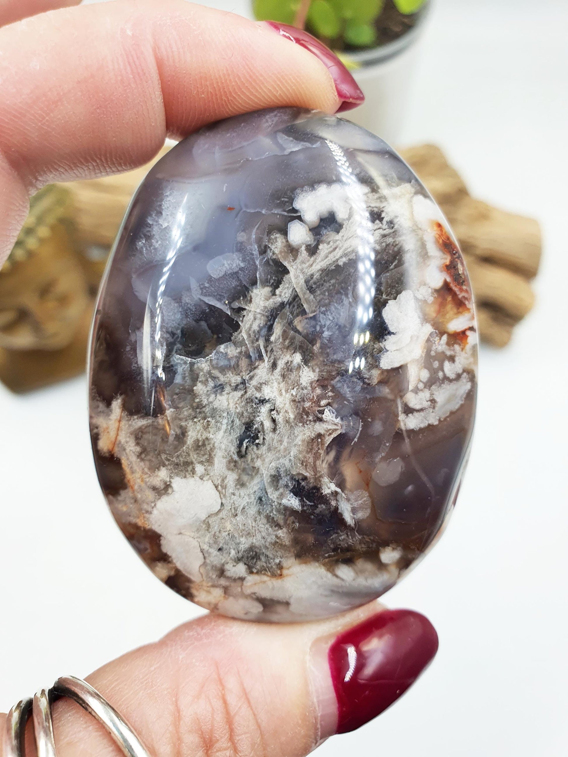 Beautiful Blue Flower Agate Palm / Sakura Agate Palm Stone / Blue Flower Agate Crystal / Meditation Palm / Reiki Crystal Palm - 110g