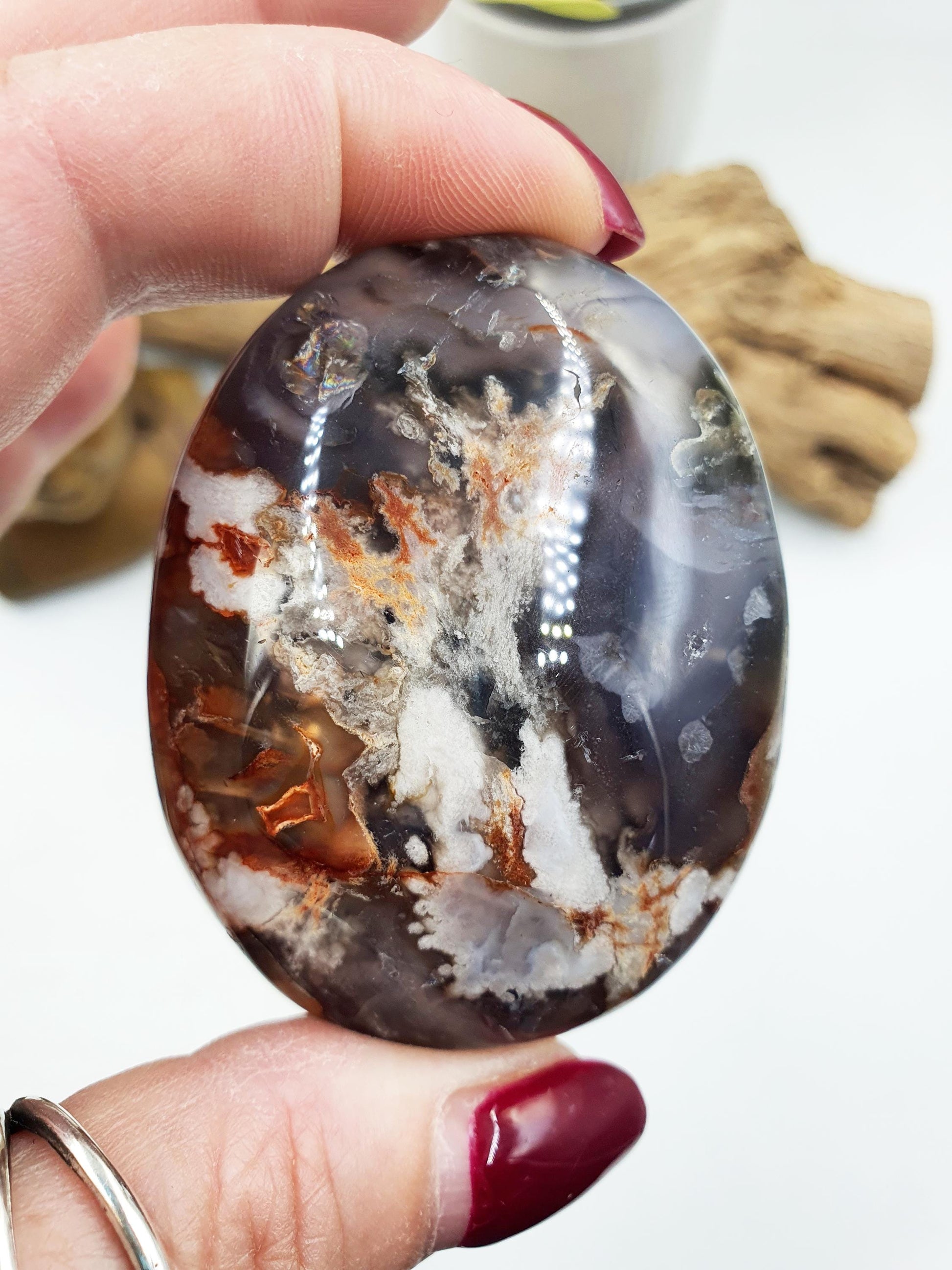 Beautiful Blue Flower Agate Palm / Sakura Agate Palm Stone / Blue Flower Agate Crystal / Meditation Palm / Reiki Crystal Palm - 110g