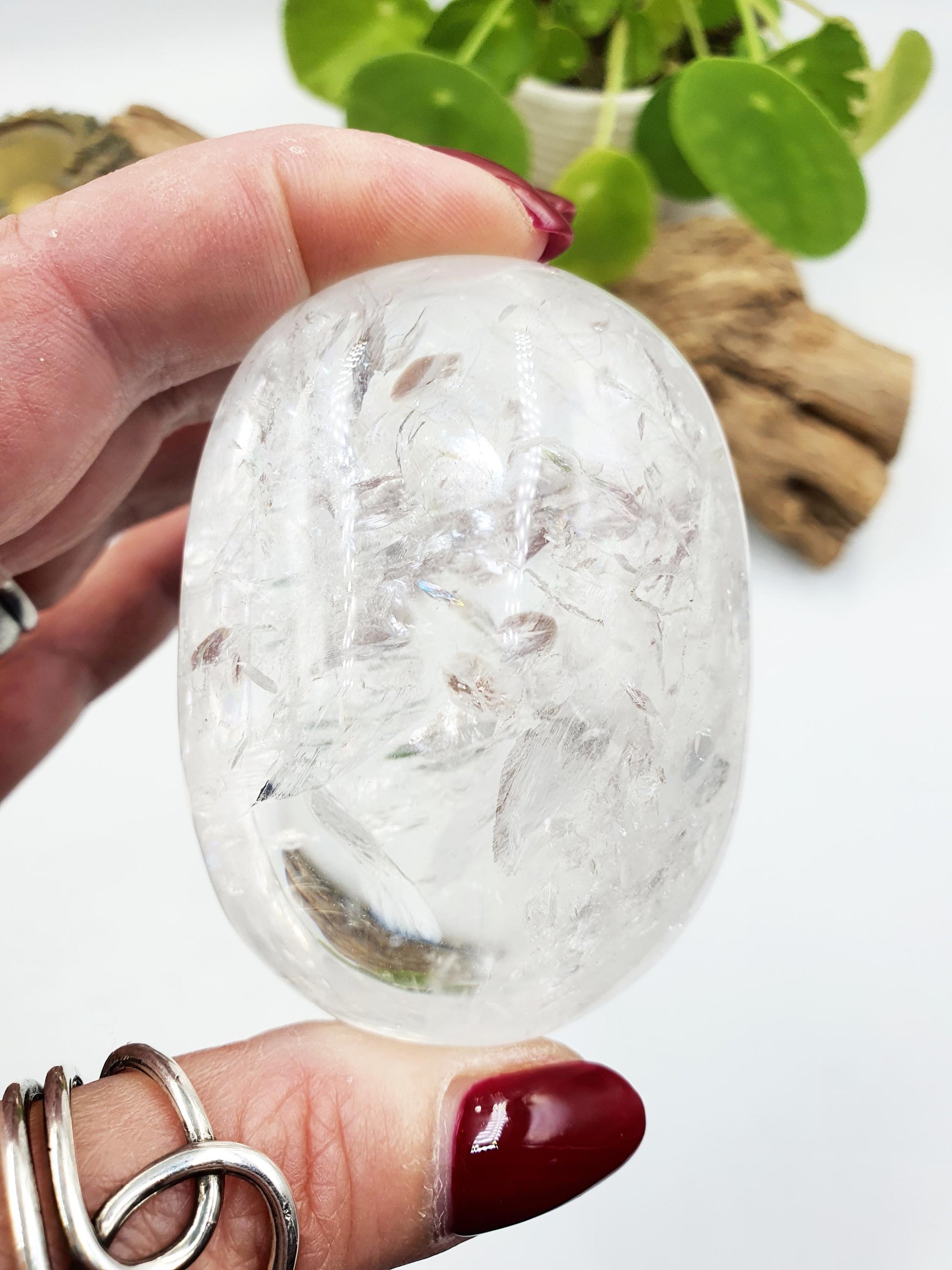 Large Beautiful Clear Quartz Palm/ Clear Quartz Palm Stone full of rainbow inclusions / Meditation Palm / Reiki Crystal Palm - 180g