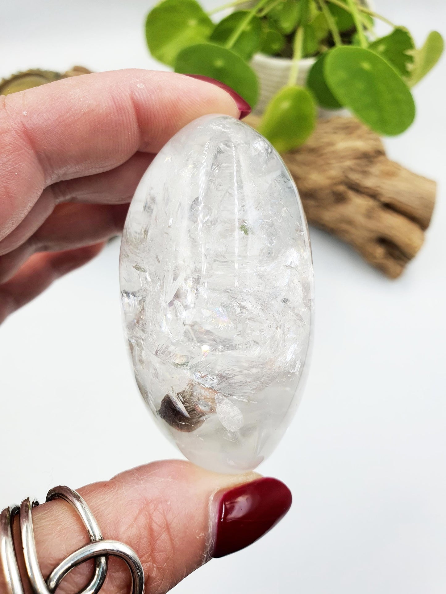 Large Beautiful Clear Quartz Palm/ Clear Quartz Palm Stone full of rainbow inclusions / Meditation Palm / Reiki Crystal Palm - 180g
