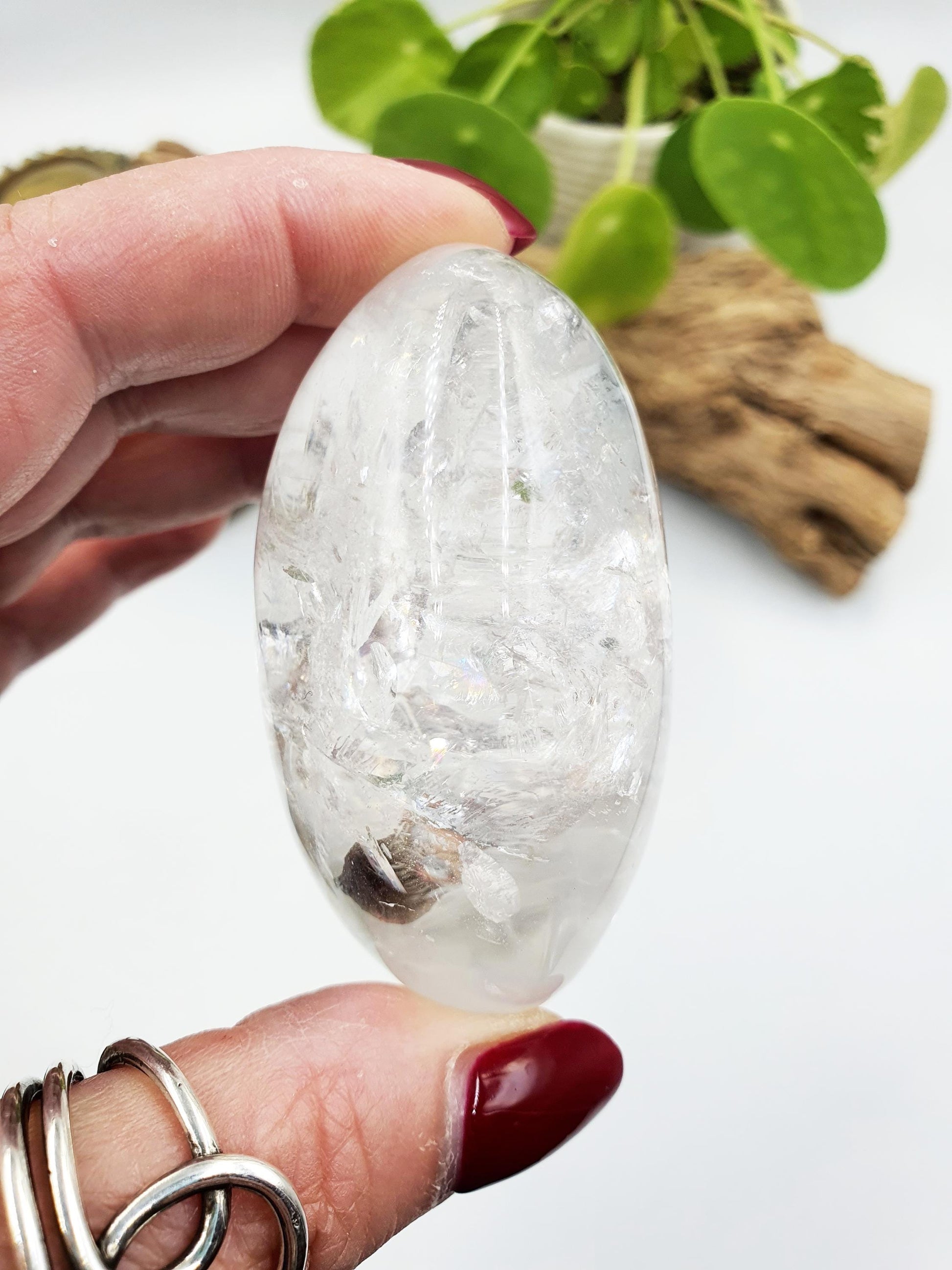 Large Beautiful Clear Quartz Palm/ Clear Quartz Palm Stone full of rainbow inclusions / Meditation Palm / Reiki Crystal Palm - 180g
