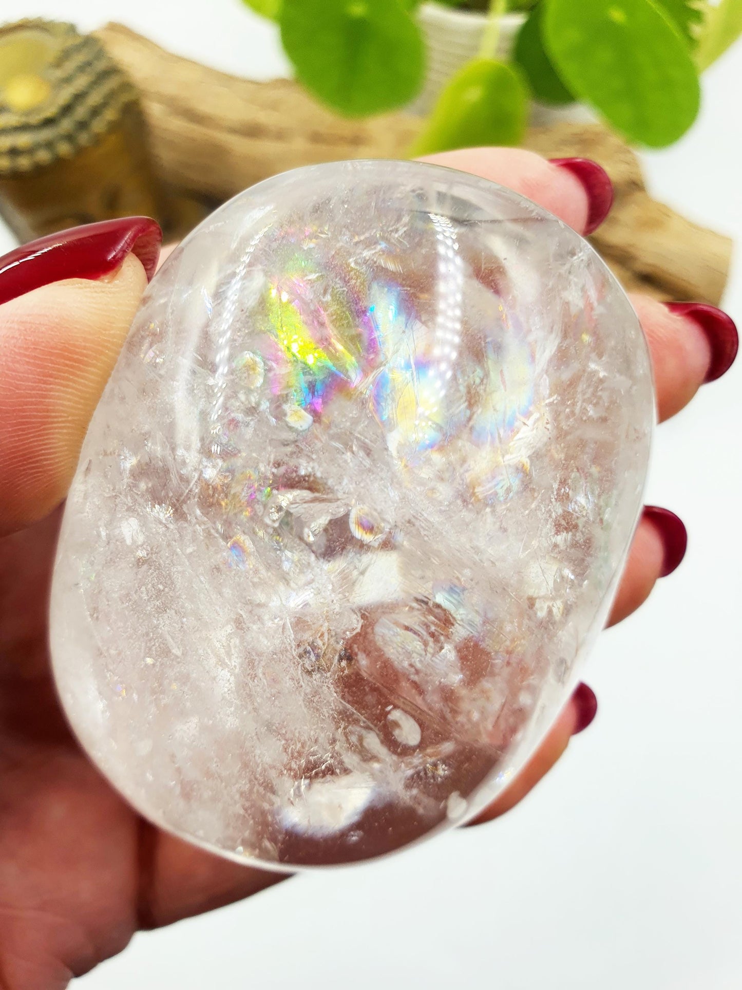 Large Beautiful Clear Quartz Palm/ Clear Quartz Palm Stone full of rainbow inclusions / Meditation Palm / Reiki Crystal Palm - 180g