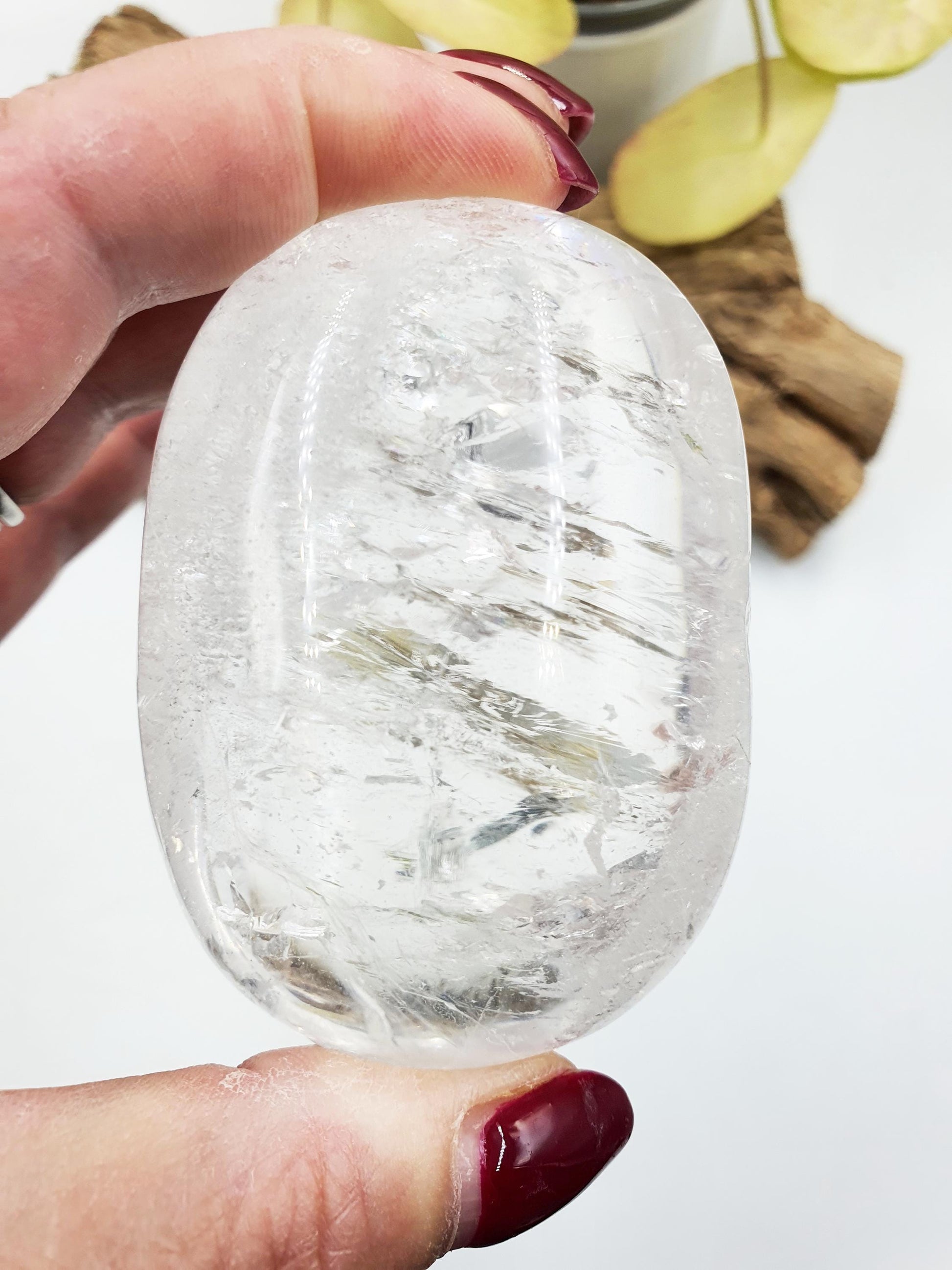 Clear Quartz Palm with shimmering inclusions and rainbow flashes/ Clear Quartz Palm Stone / Reiki Crystal Palm / Meditation Palm - 190g
