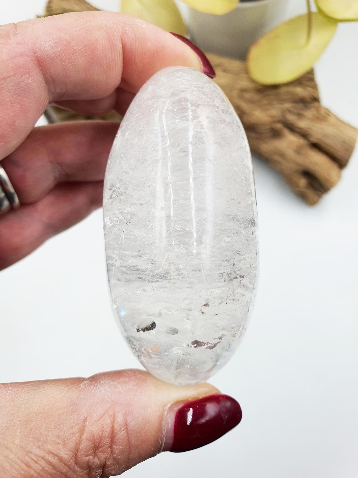 Clear Quartz Palm with shimmering inclusions and rainbow flashes/ Clear Quartz Palm Stone / Reiki Crystal Palm / Meditation Palm - 190g