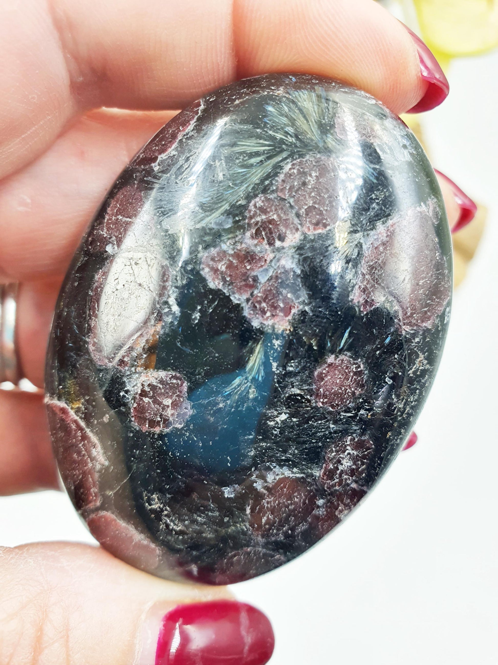 Astrophyllite and Garnet Palm / Firework Garnet Palm Stone / Meditation Palm / Reiki Crystal Palm - 130g