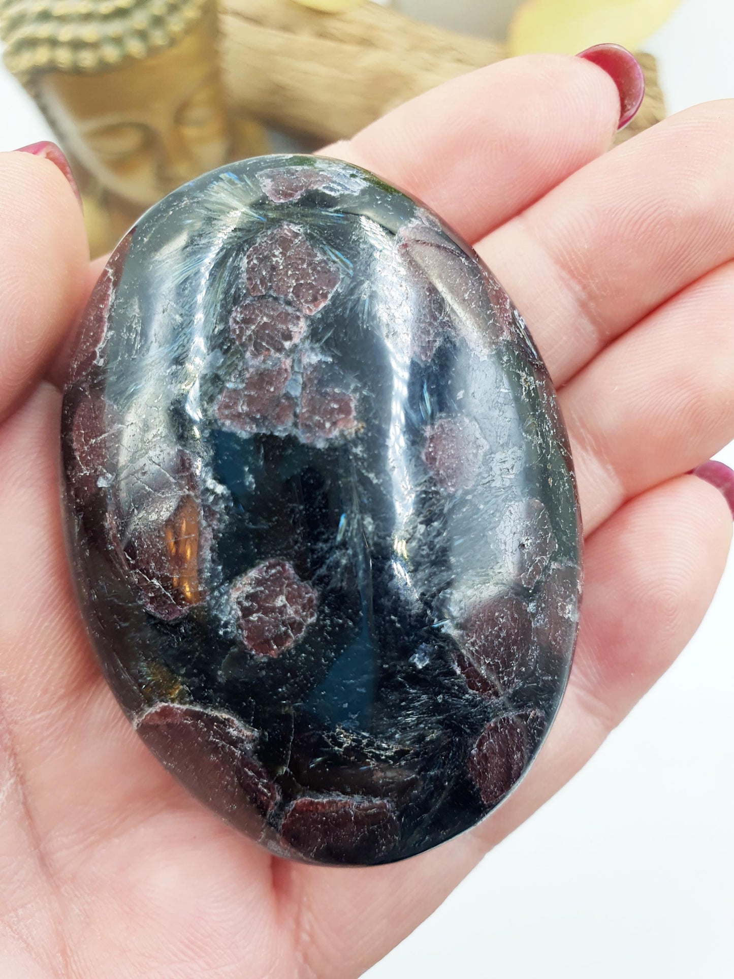 Astrophyllite and Garnet Palm / Firework Garnet Palm Stone / Meditation Palm / Reiki Crystal Palm - 130g