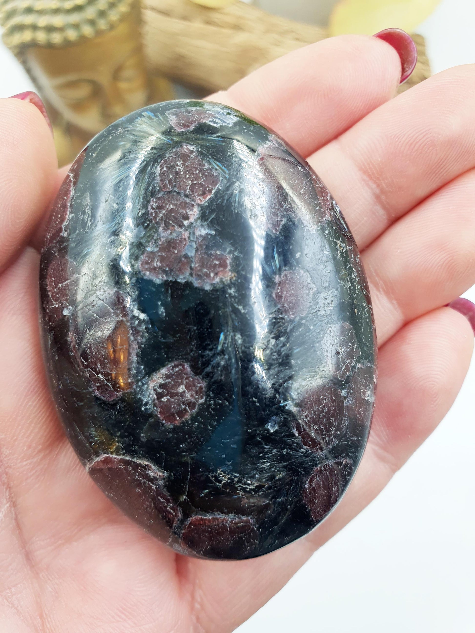Astrophyllite and Garnet Palm / Firework Garnet Palm Stone / Meditation Palm / Reiki Crystal Palm - 130g