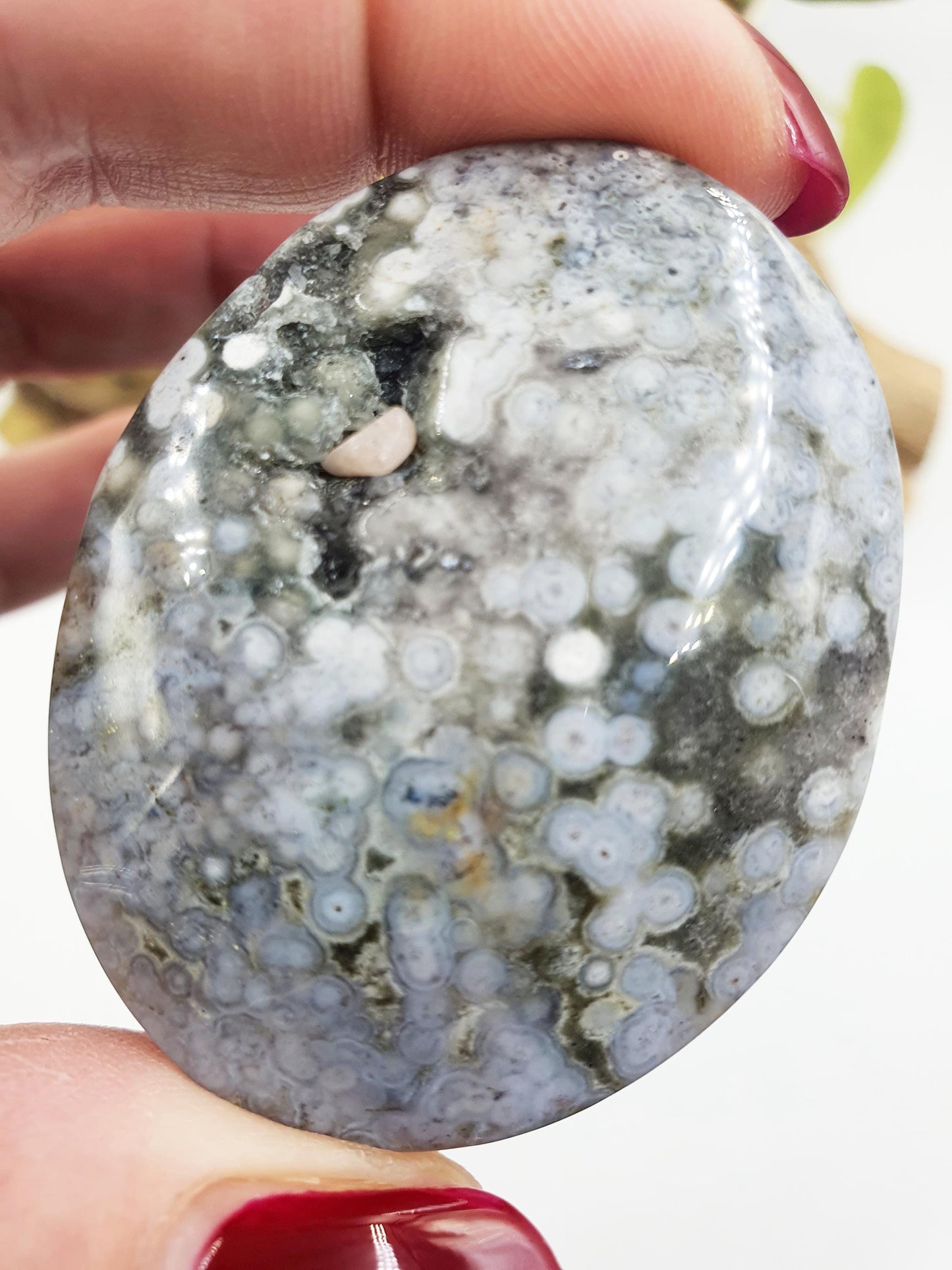 Beautiful Orbicular Ocean Jasper Palm / Orbicular OJ Palm Stone with sparkly drusy / High Grade OJ Palm / OJ Collectors Crystal - 40g