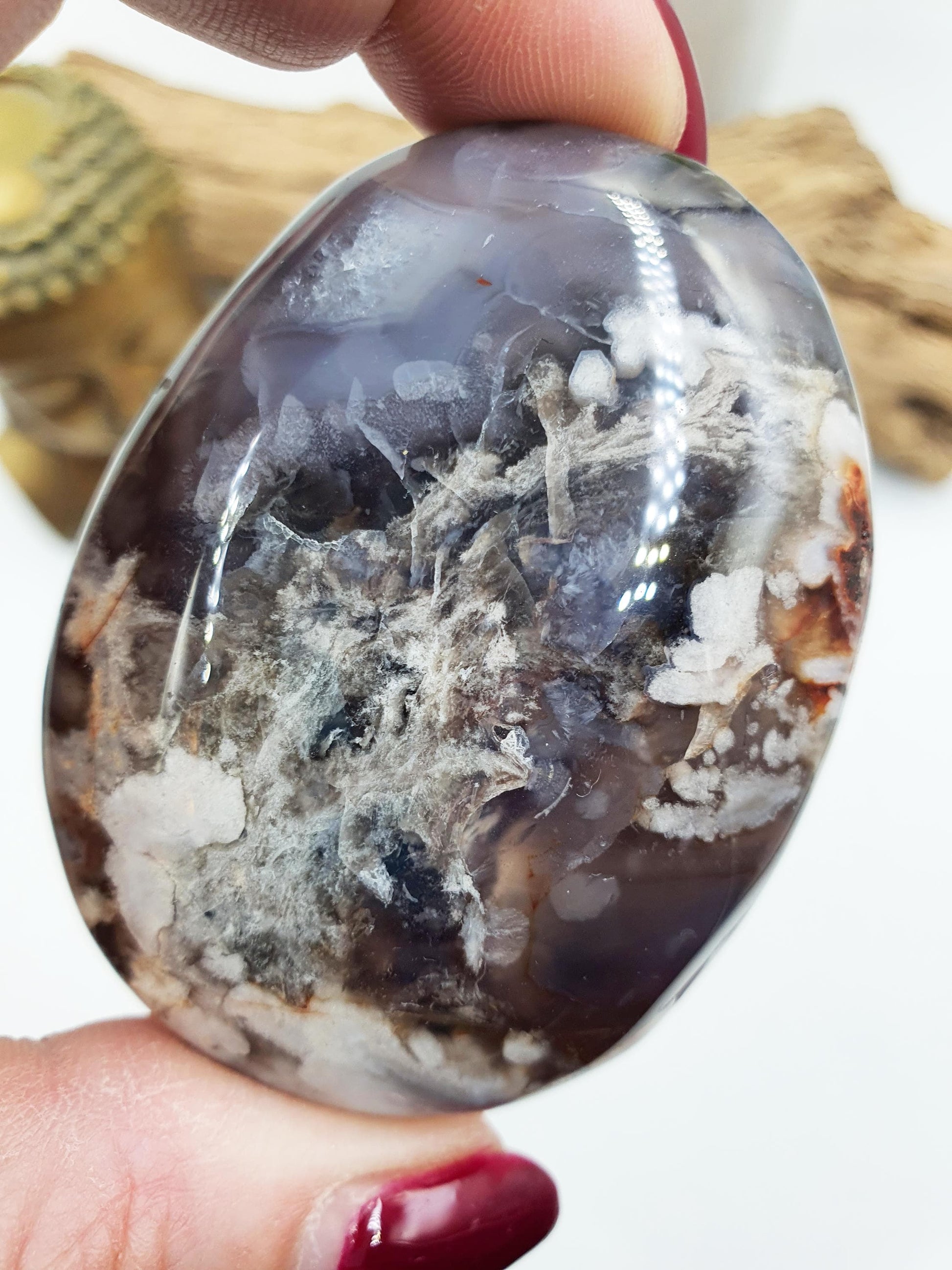 Beautiful Blue Flower Agate Palm / Sakura Agate Palm Stone / Blue Flower Agate Crystal / Meditation Palm / Reiki Crystal Palm - 110g