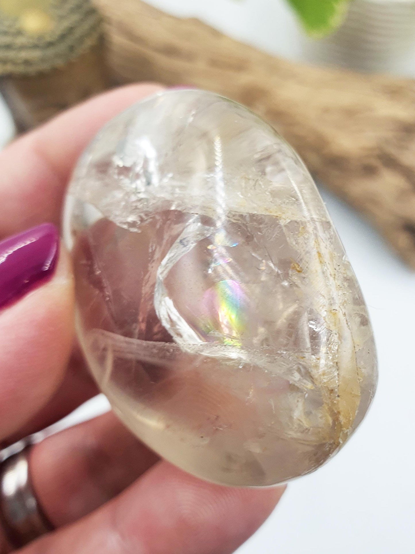 Unique Clear Quartz Palm with Golden Healer, large rainbow and shimmering inclusions / Clear Quartz Palm Stone / Meditation Palm - 70g