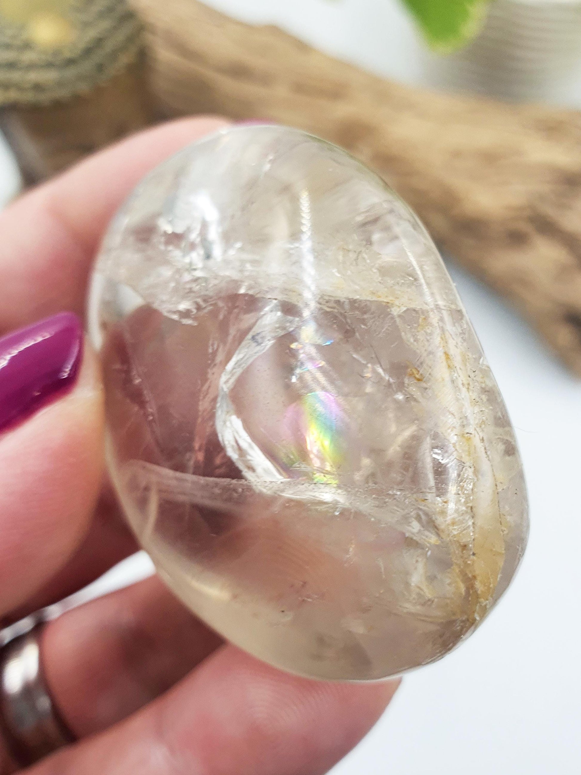 Unique Clear Quartz Palm with Golden Healer, large rainbow and shimmering inclusions / Clear Quartz Palm Stone / Meditation Palm - 70g